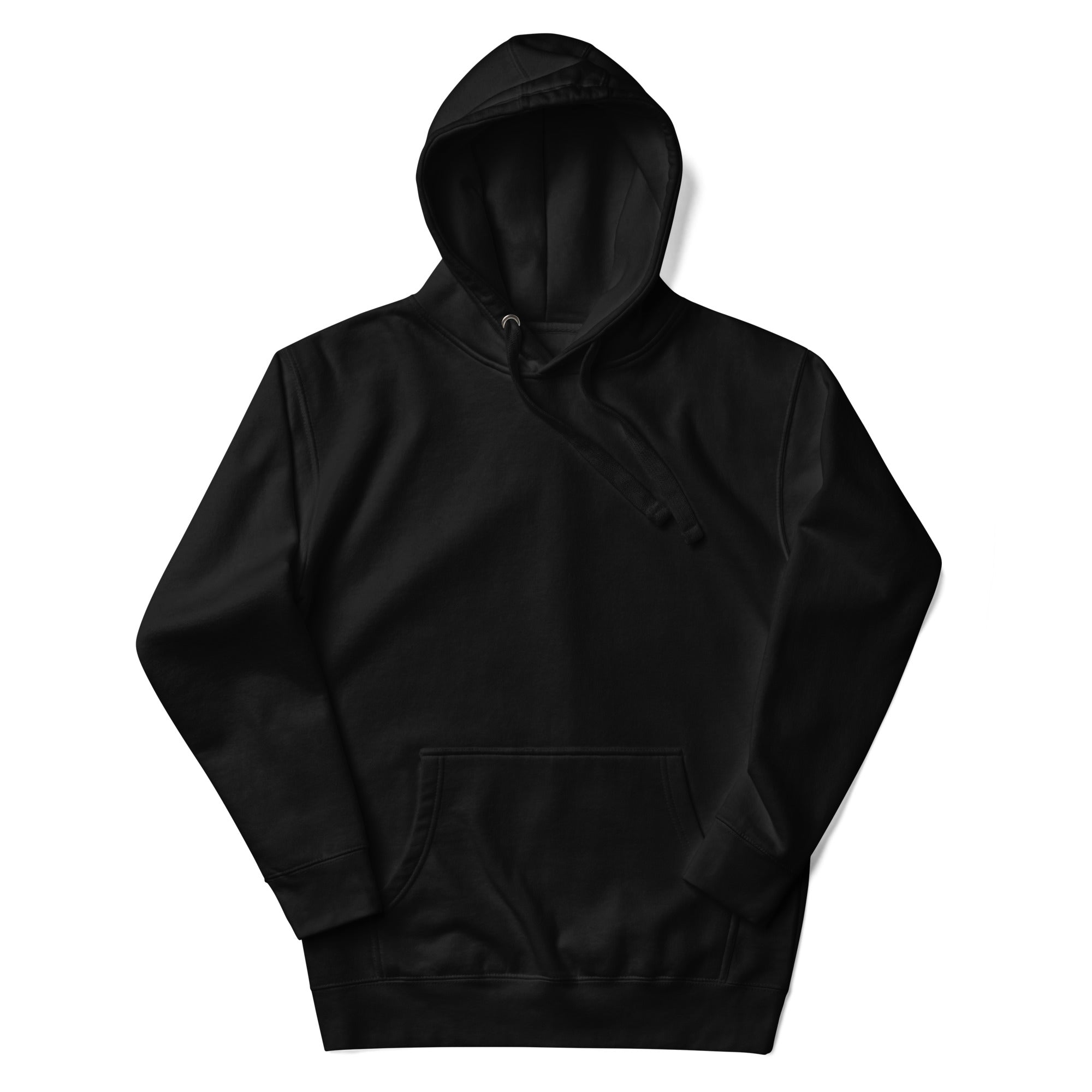 Black premium pullover hoodie shown from the front with clean blank front and pouch pocket