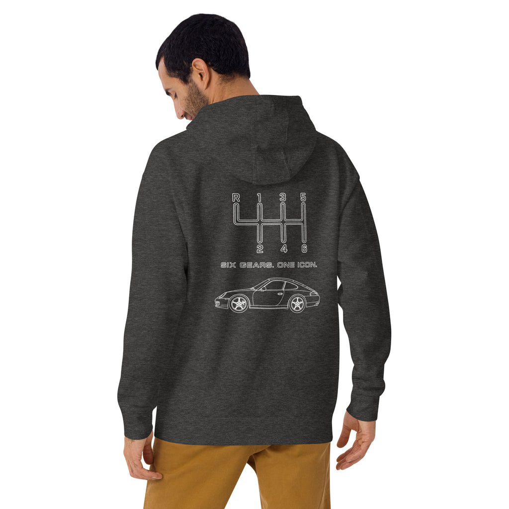 Model wearing Charcoal Heather manual transmission hoodie with automotive back graphic