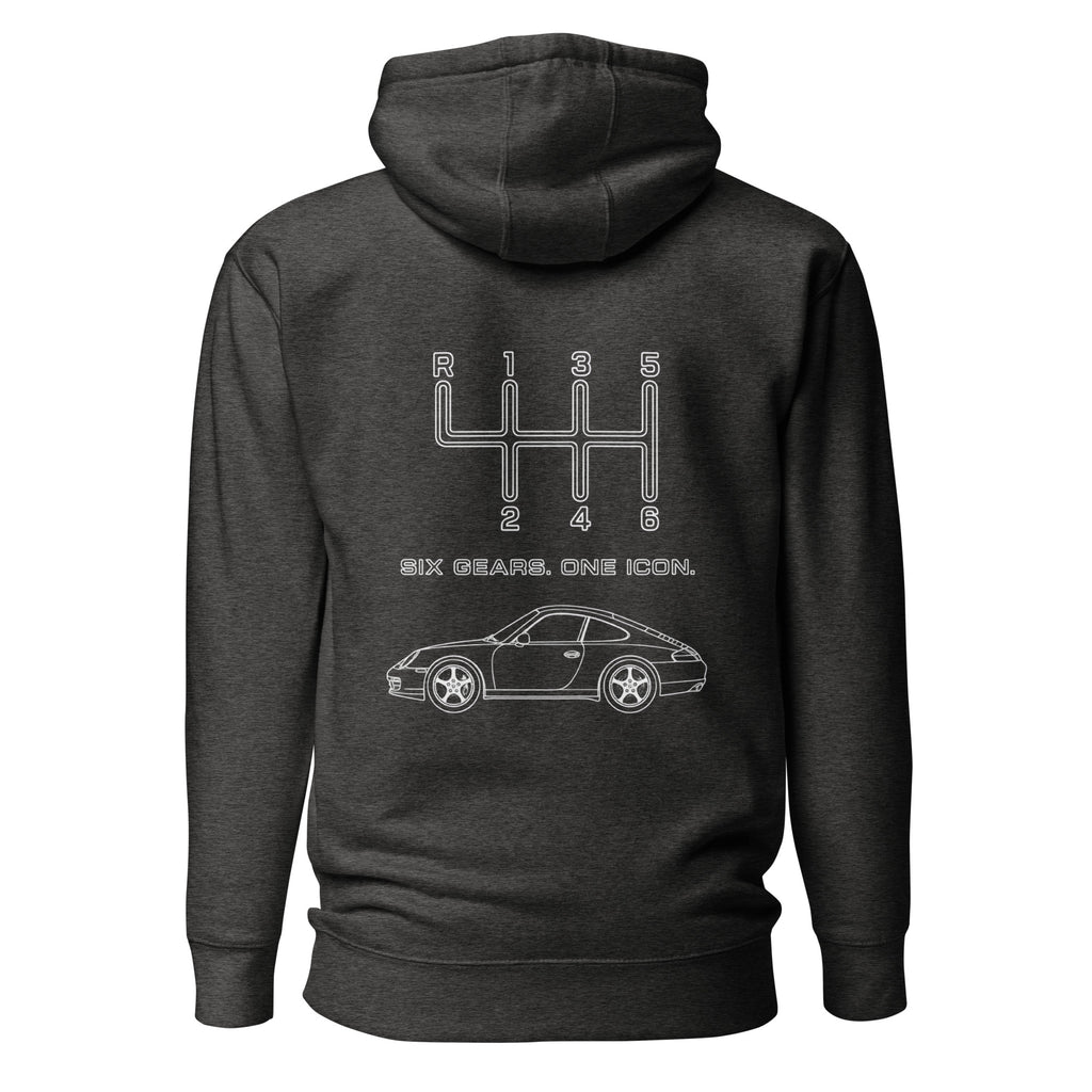 Charcoal Heather manual transmission hoodie with six-speed shift pattern and sports car back print
