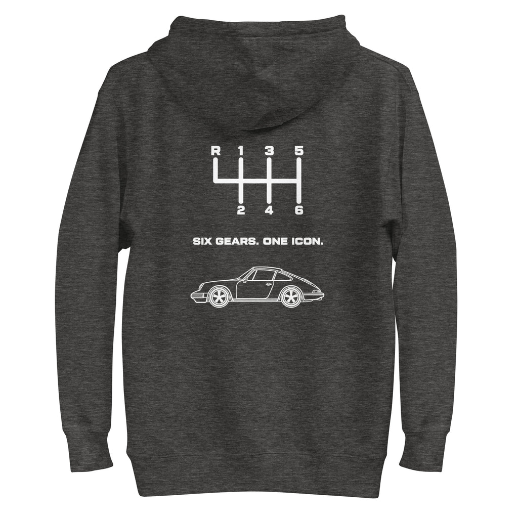 Charcoal Heather hoodie back view with white manual transmission and sports car design