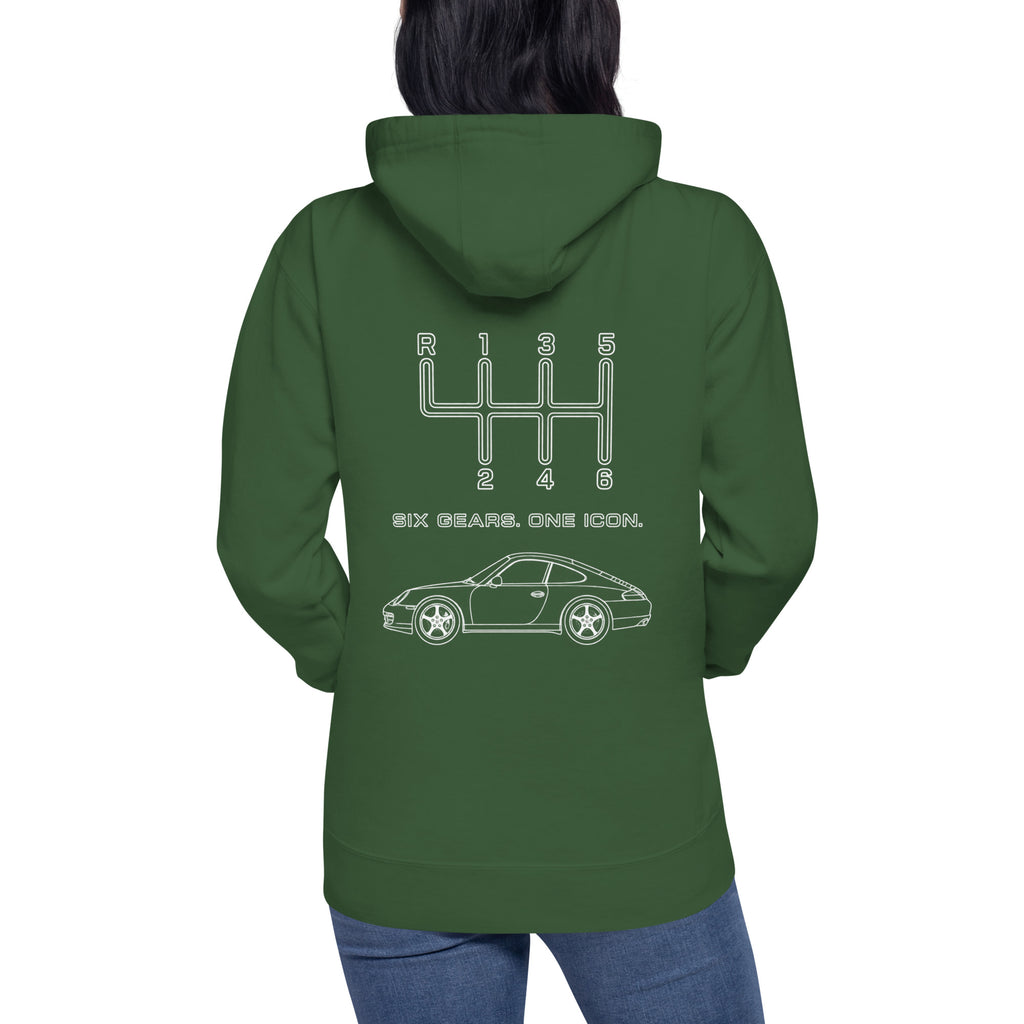 Model wearing Forest Green Six Gears One Icon car enthusiast hoodie
