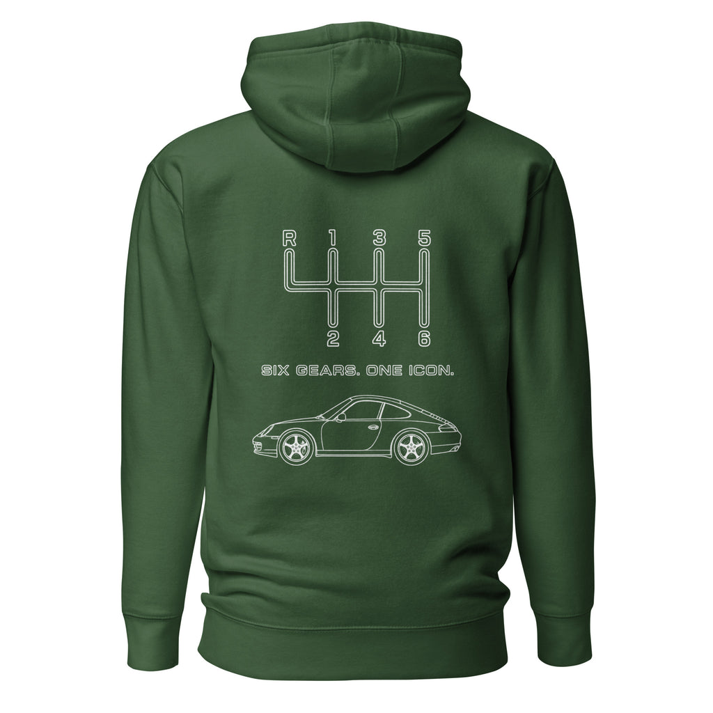 Forest Green manual transmission hoodie with Six Gears One Icon automotive back graphic