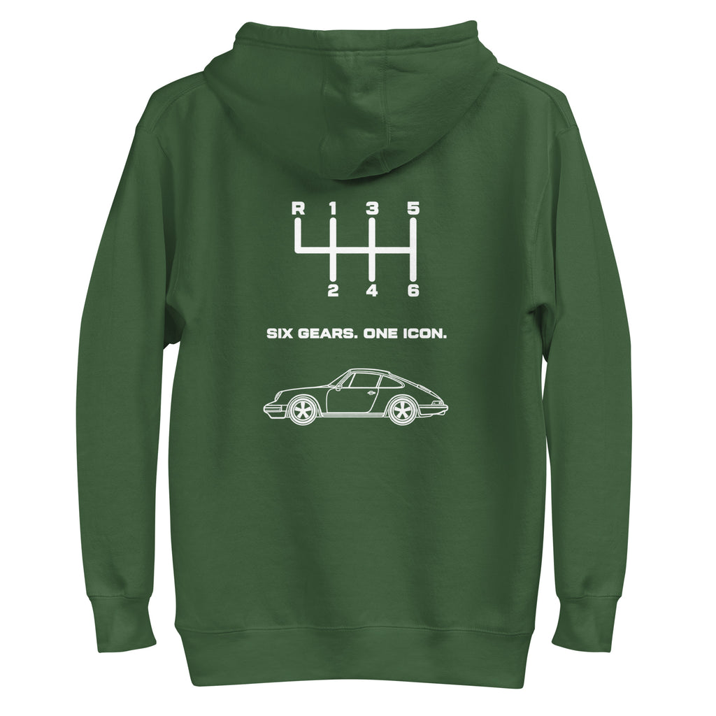 Forest Green hoodie back view with white six-speed shift pattern and sports car graphic
