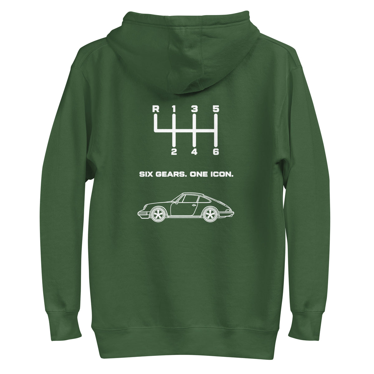 Forest Green hoodie back view with white six-speed shift pattern and sports car graphic