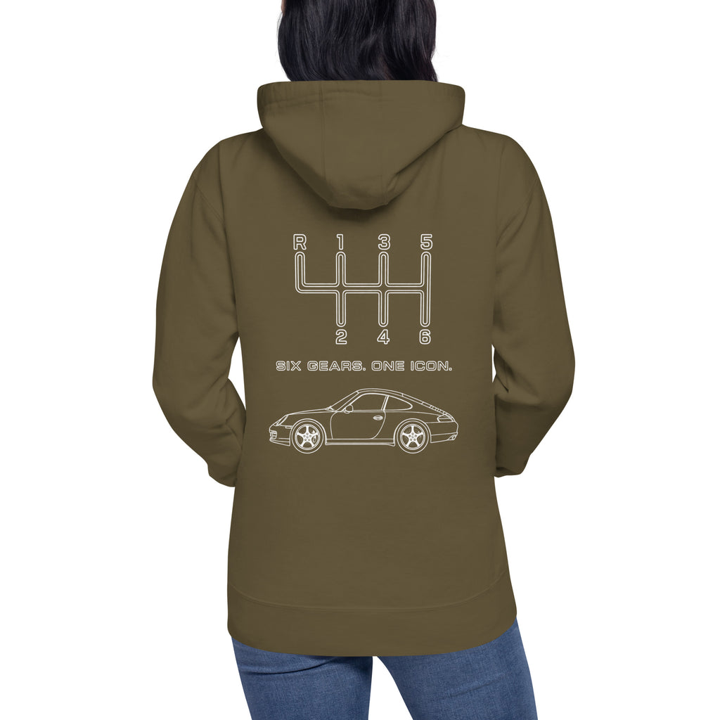 Model wearing Military Green manual transmission hoodie with classic sports car back print