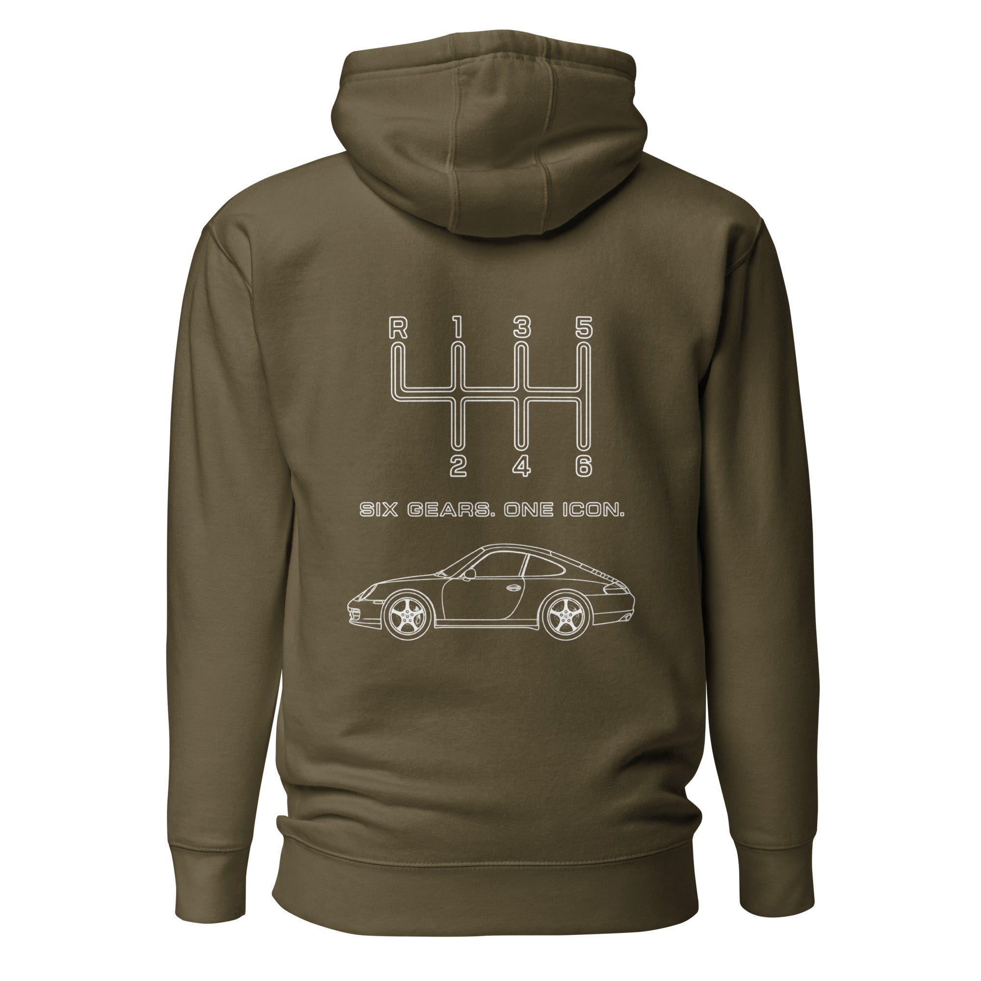 Military Green manual transmission hoodie with classic sports car and six-speed shift pattern back print