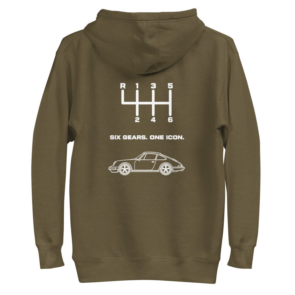 Military Green hoodie back view with white manual transmission graphic