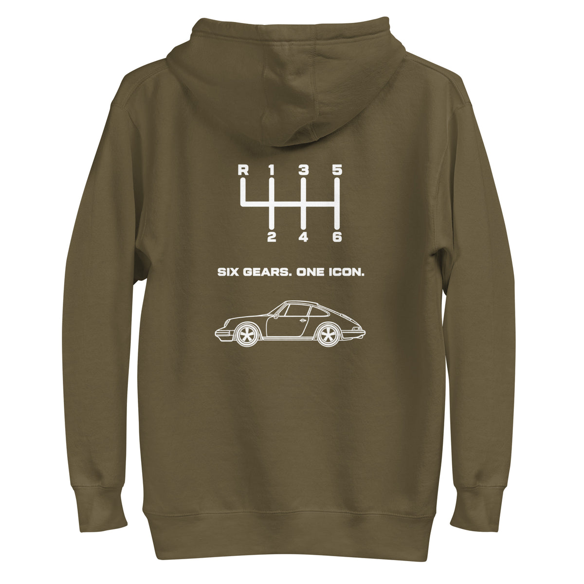 Military Green hoodie back view with white manual transmission graphic