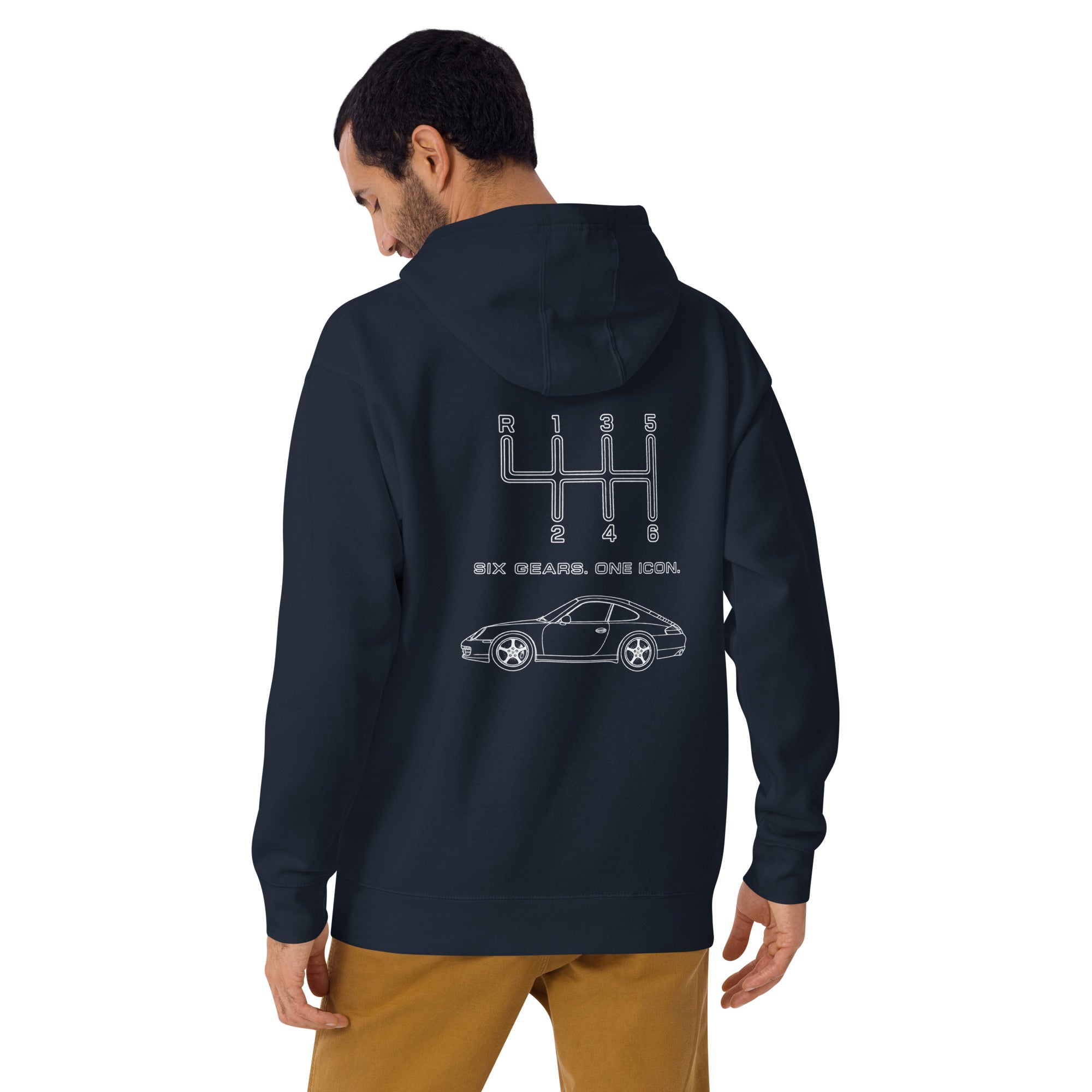 Model wearing Navy Blazer Six Gears One Icon manual transmission hoodie