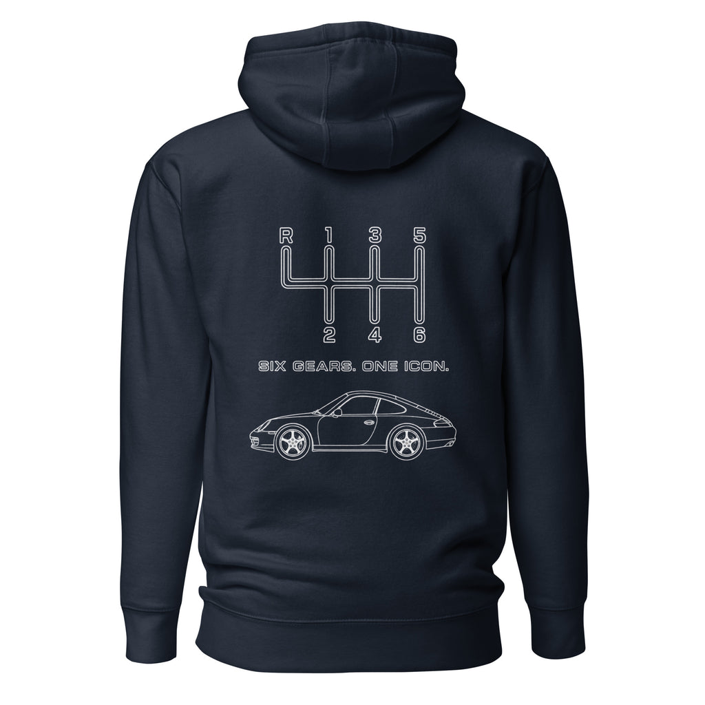 Navy Blazer manual transmission hoodie with Six Gears One Icon back graphic
