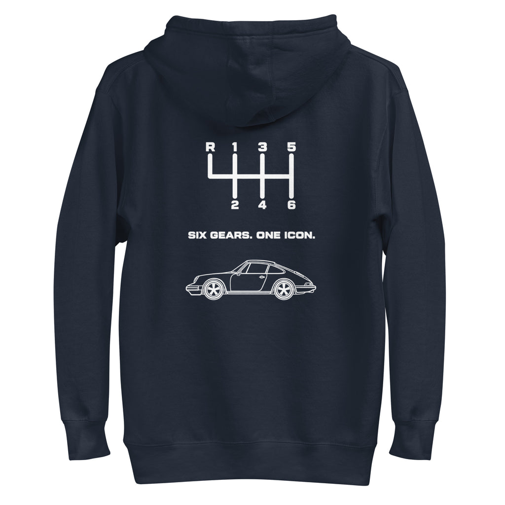 Navy Blazer hoodie back view with Six Gears One Icon automotive design