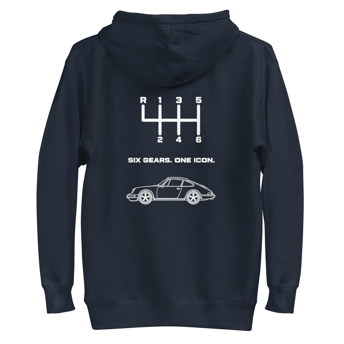 Navy Blazer hoodie back view with Six Gears One Icon automotive design
