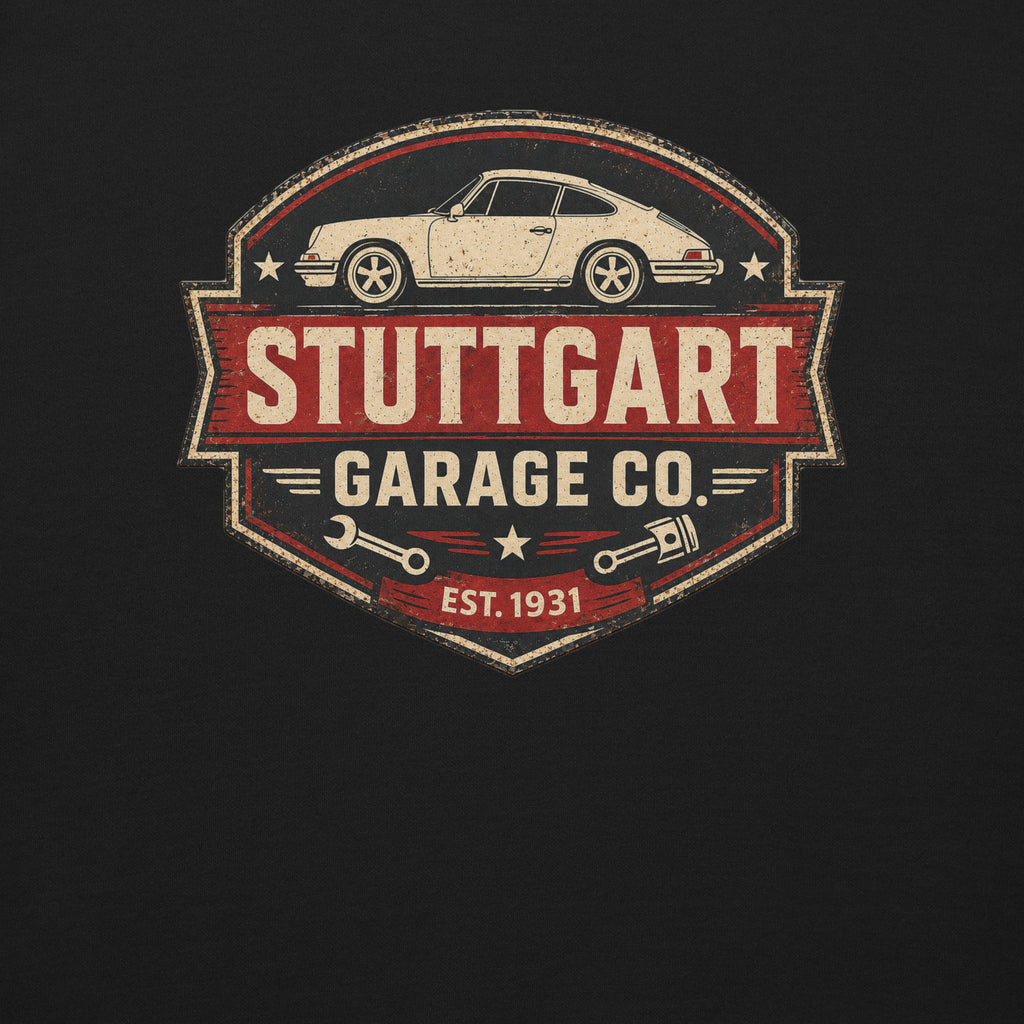 Close-up of distressed Stuttgart Garage Co. graphic with classic rear-engine sports car illustration
