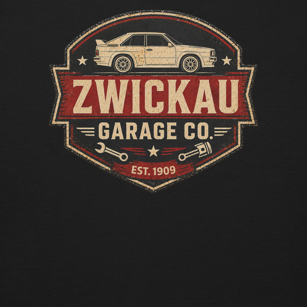 Close-up of distressed Zwickau Garage Co. graphic with classic Audi rally car illustration