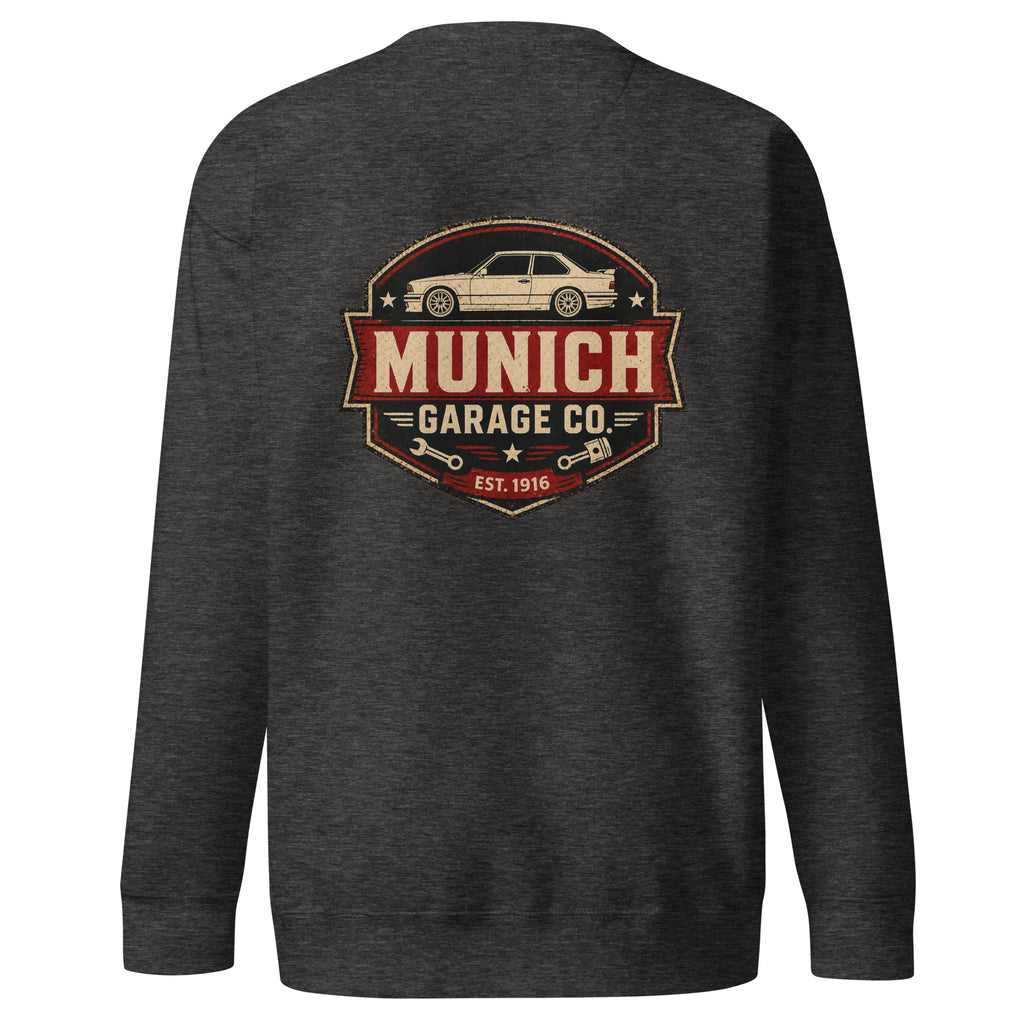 Charcoal Heather Cotton Heritage M2480 BMW sweatshirt with Munich Garage Co. back graphic