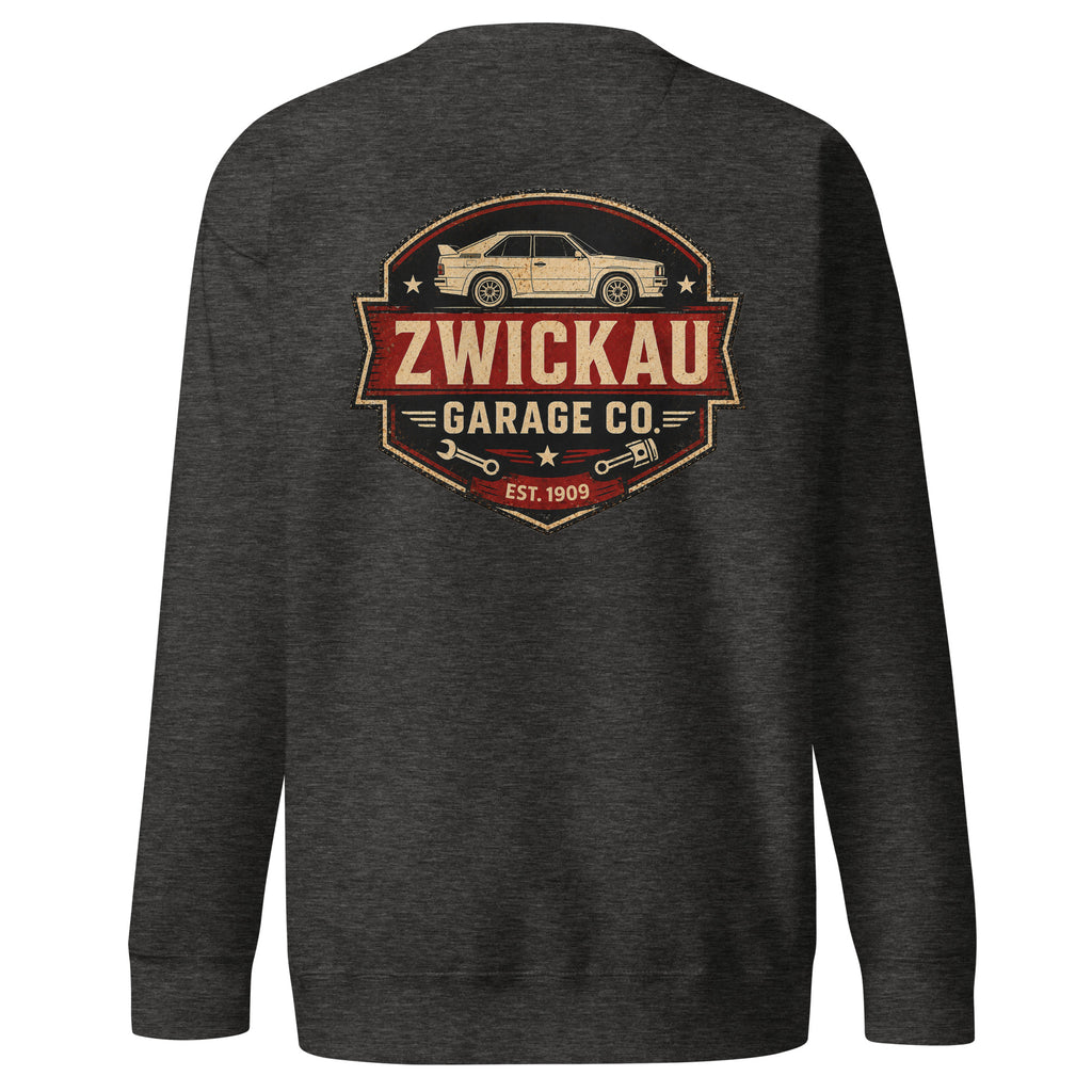 Charcoal Heather Cotton Heritage M2480 Audi rally sweatshirt with Zwickau Garage Co. back graphic