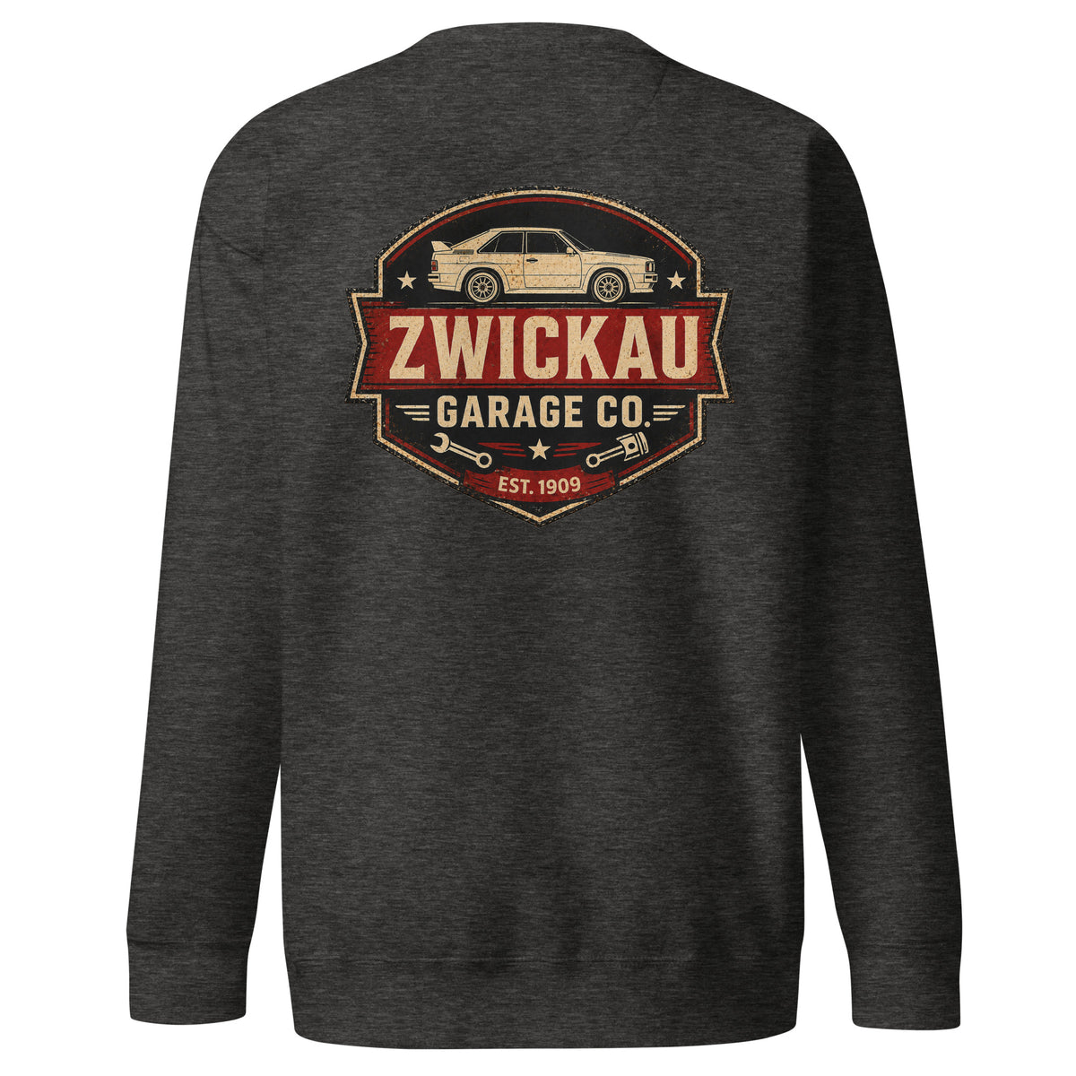 Charcoal Heather Cotton Heritage M2480 Audi rally sweatshirt with Zwickau Garage Co. back graphic