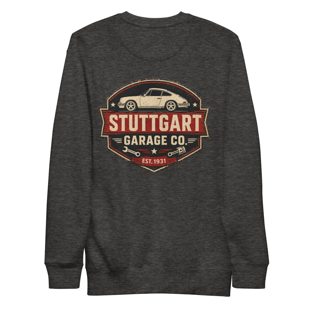 Charcoal Heather Cotton Heritage M2480 sweatshirt with Stuttgart Garage Co. back graphic