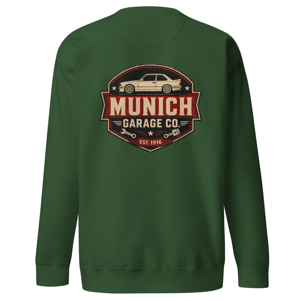 Forest Green Cotton Heritage M2480 BMW sweatshirt with Munich Garage Co. back graphic