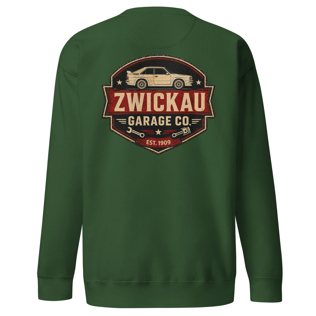 Forest Green Cotton Heritage M2480 Audi rally sweatshirt with Zwickau Garage Co. back graphic