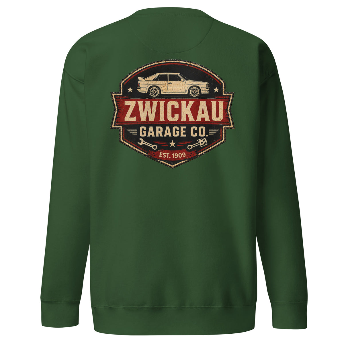 Forest Green Cotton Heritage M2480 Audi rally sweatshirt with Zwickau Garage Co. back graphic
