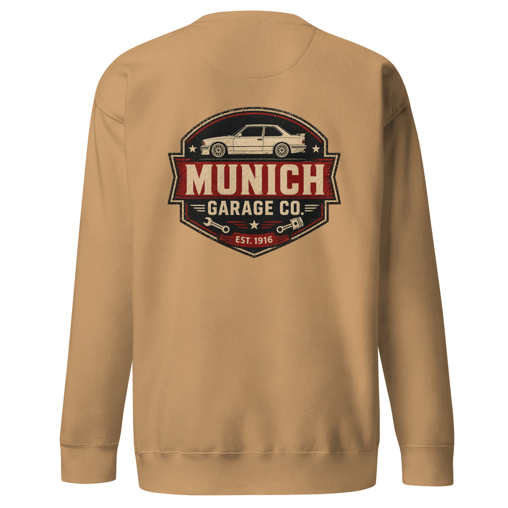 Khaki Cotton Heritage M2480 BMW sweatshirt with Munich Garage Co. back graphic