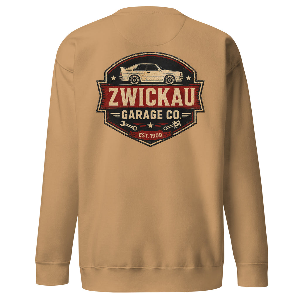 Khaki Cotton Heritage M2480 Audi rally sweatshirt with Zwickau Garage Co. back graphic