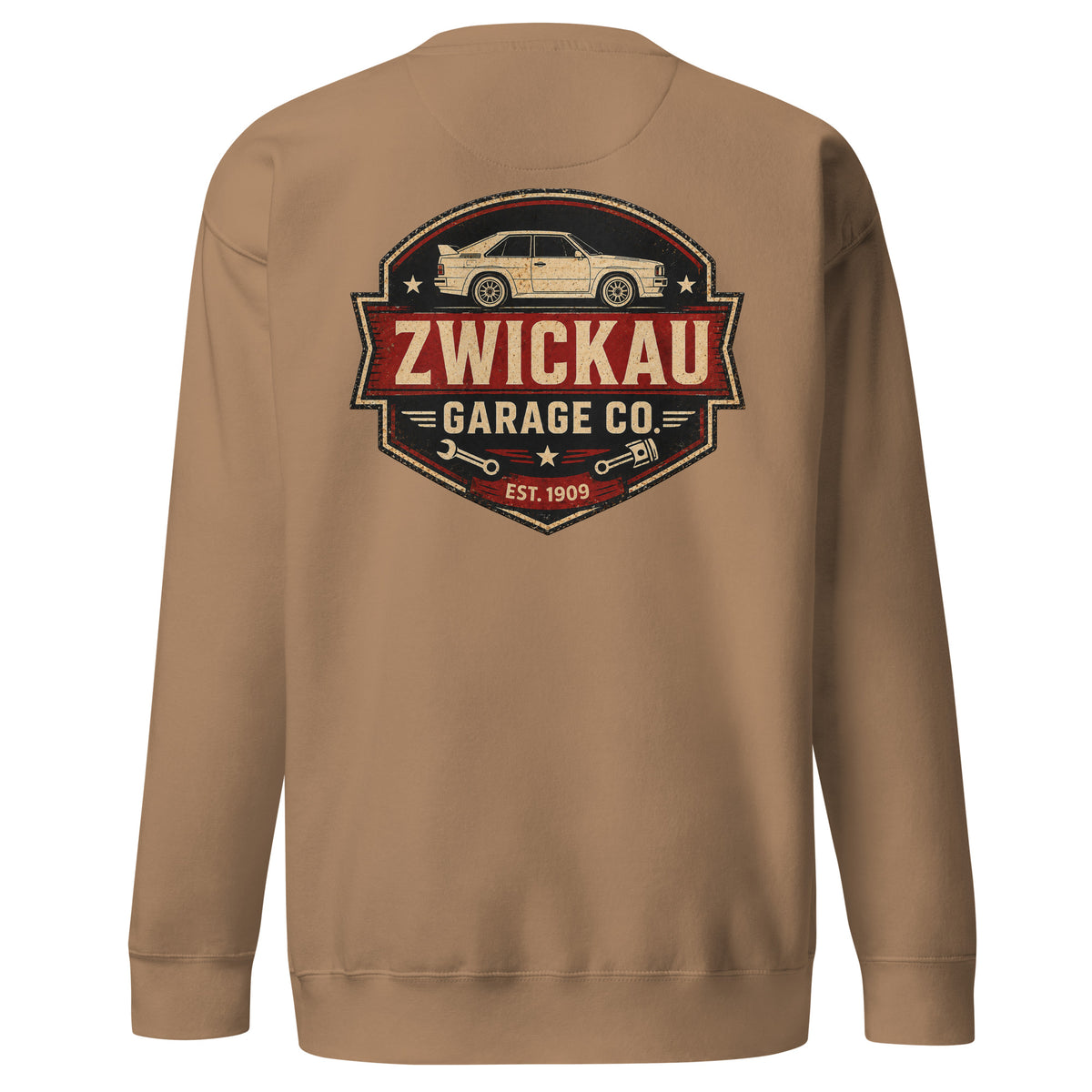 Latte Cotton Heritage M2480 Audi rally sweatshirt with Zwickau Garage Co. back graphic