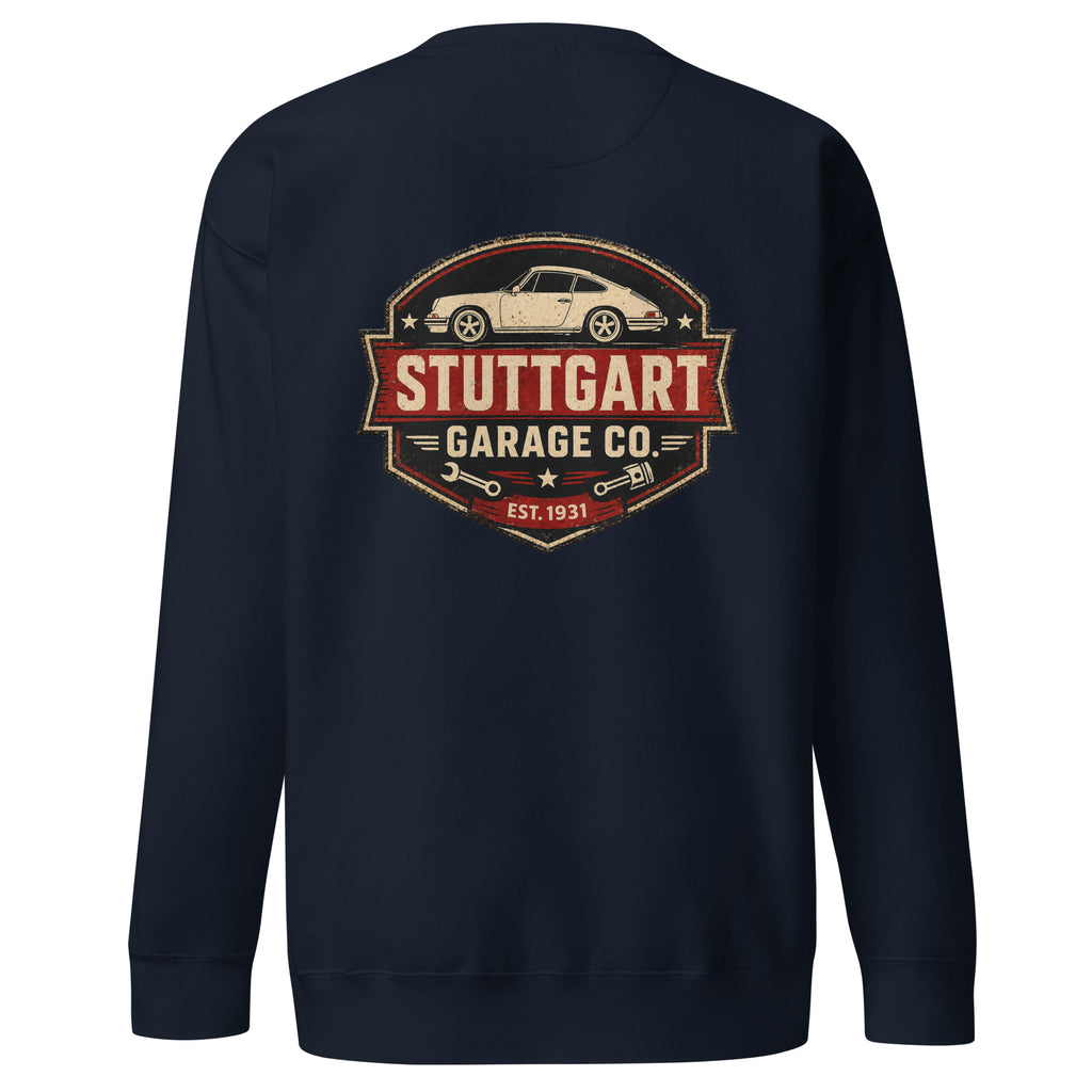 Navy Cotton Heritage M2480 sweatshirt with Stuttgart Garage Co. back graphic