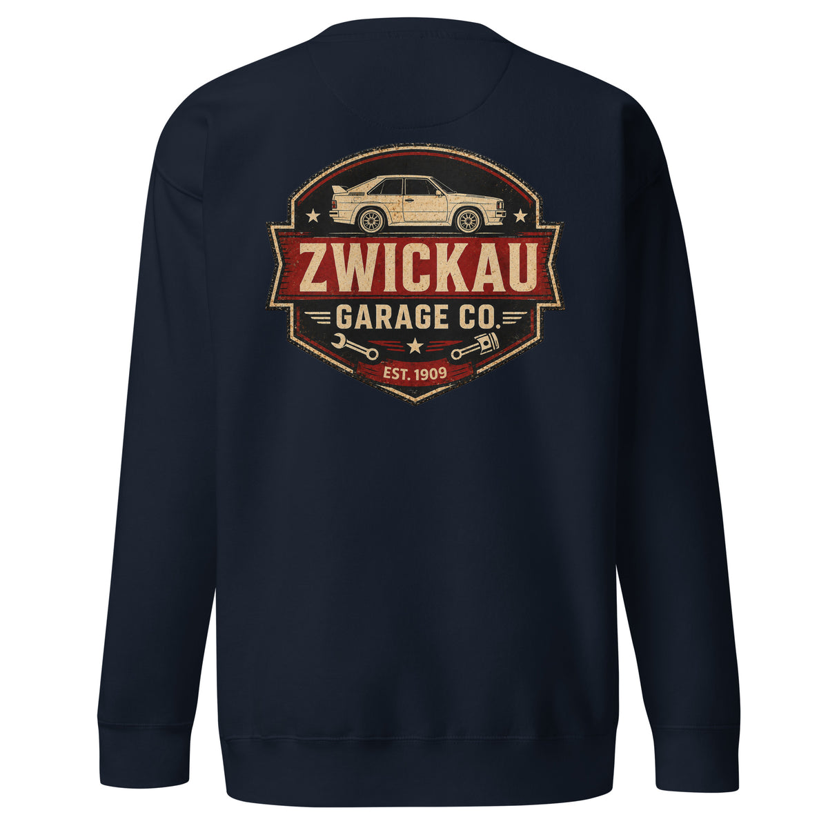 Navy Blazer Cotton Heritage M2480 Audi rally sweatshirt with Zwickau Garage Co. back graphic