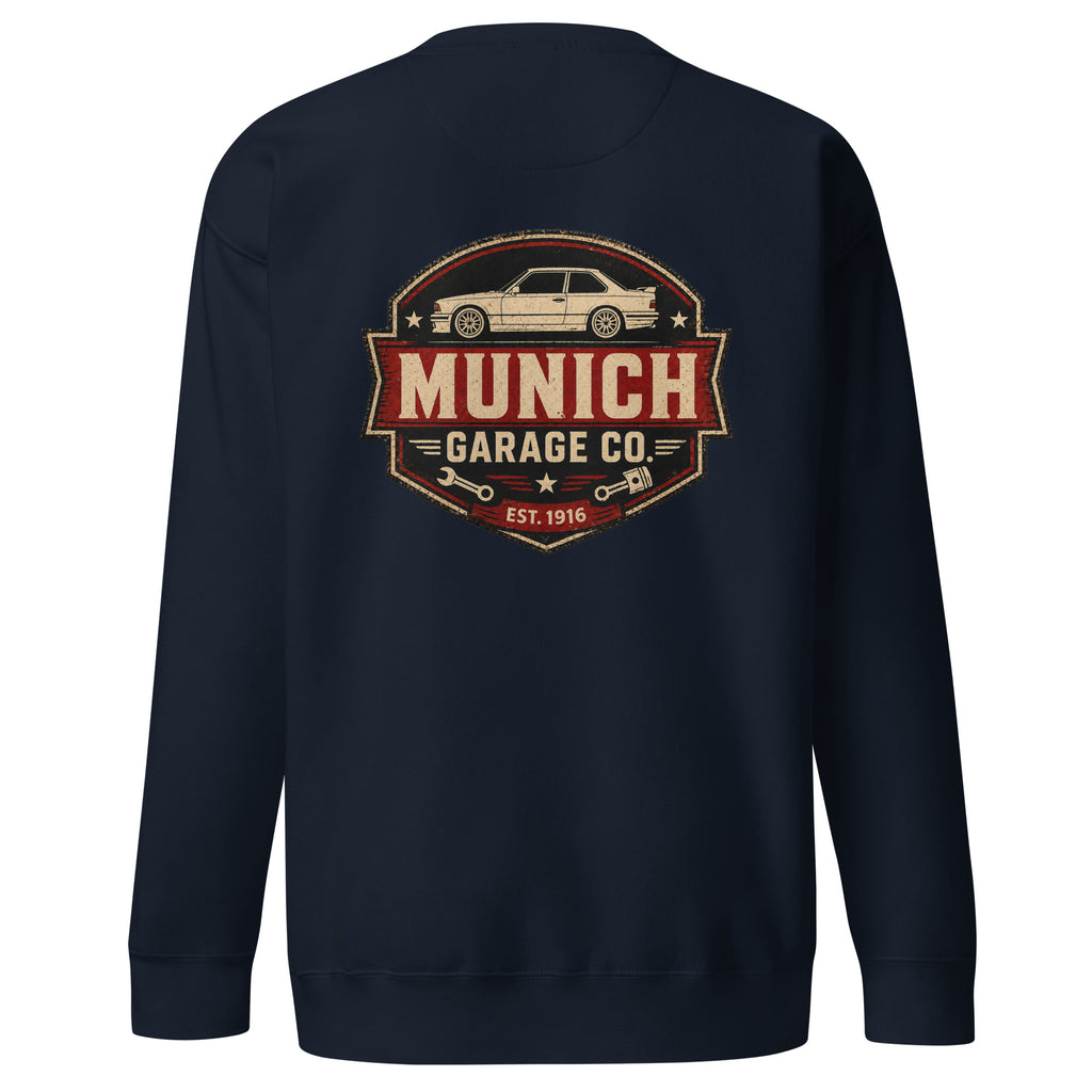 Navy Blazer Cotton Heritage M2480 BMW sweatshirt with Munich Garage Co. back graphic