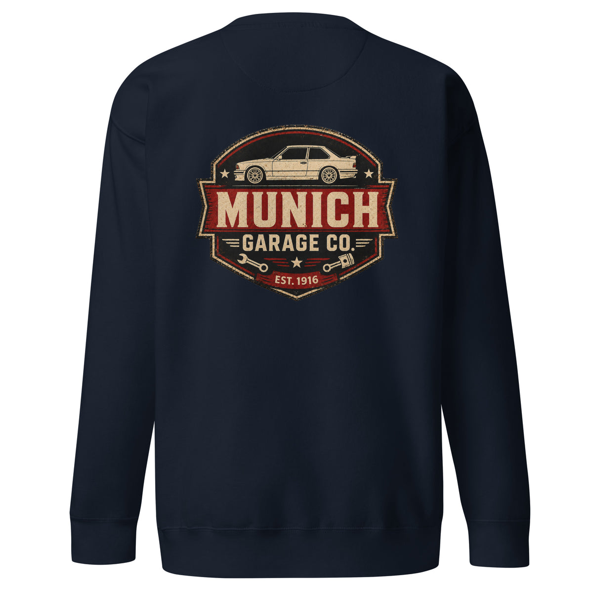 Navy Blazer Cotton Heritage M2480 BMW sweatshirt with Munich Garage Co. back graphic