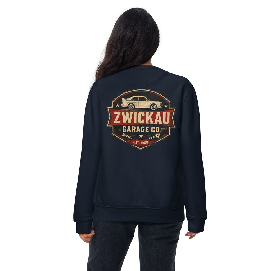 Woman modeling navy Zwickau Garage Co. unisex Audi rally sweatshirt showing the vintage back graphic