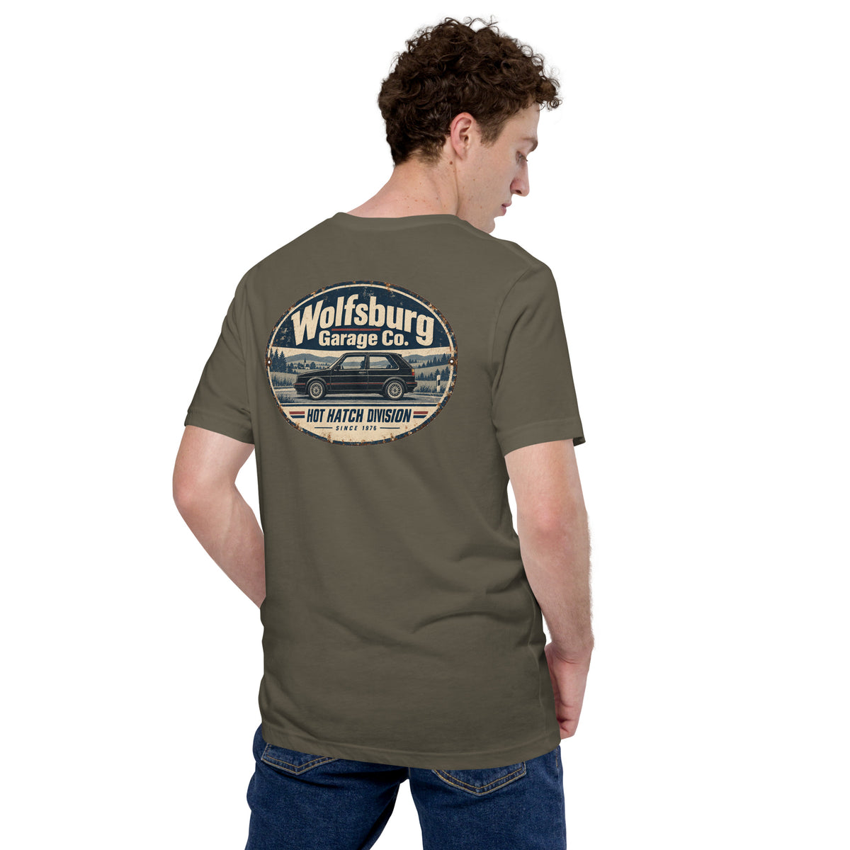 Back view of Army Wolfsburg Garage Co. vintage hot hatch T-shirt showing the oval Hot Hatch Division graphic