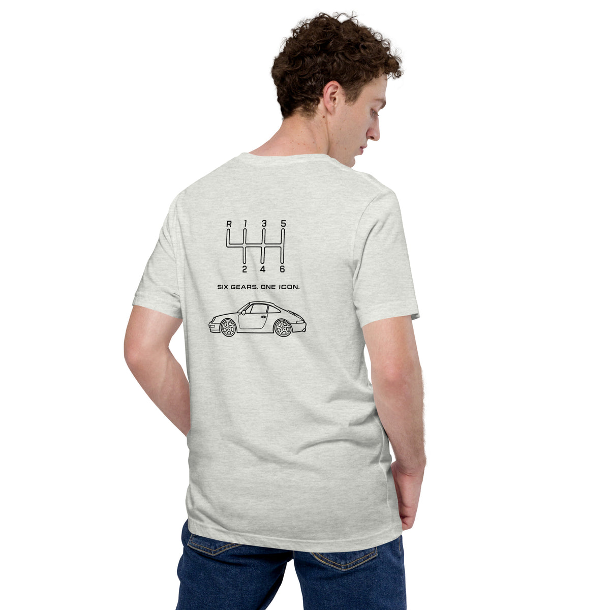 Ash men's classic 911 T-shirt showing Six Gears One Icon black back print