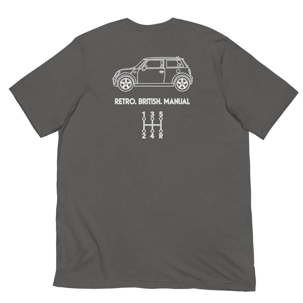 Asphalt gray Mini Cooper manual T-shirt with white Retro British Manual graphic