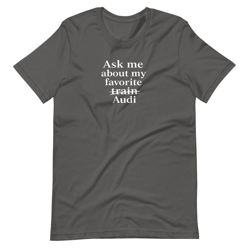 Asphalt funny Audi T-shirt, front view showing crossed-out train and Audi typography print