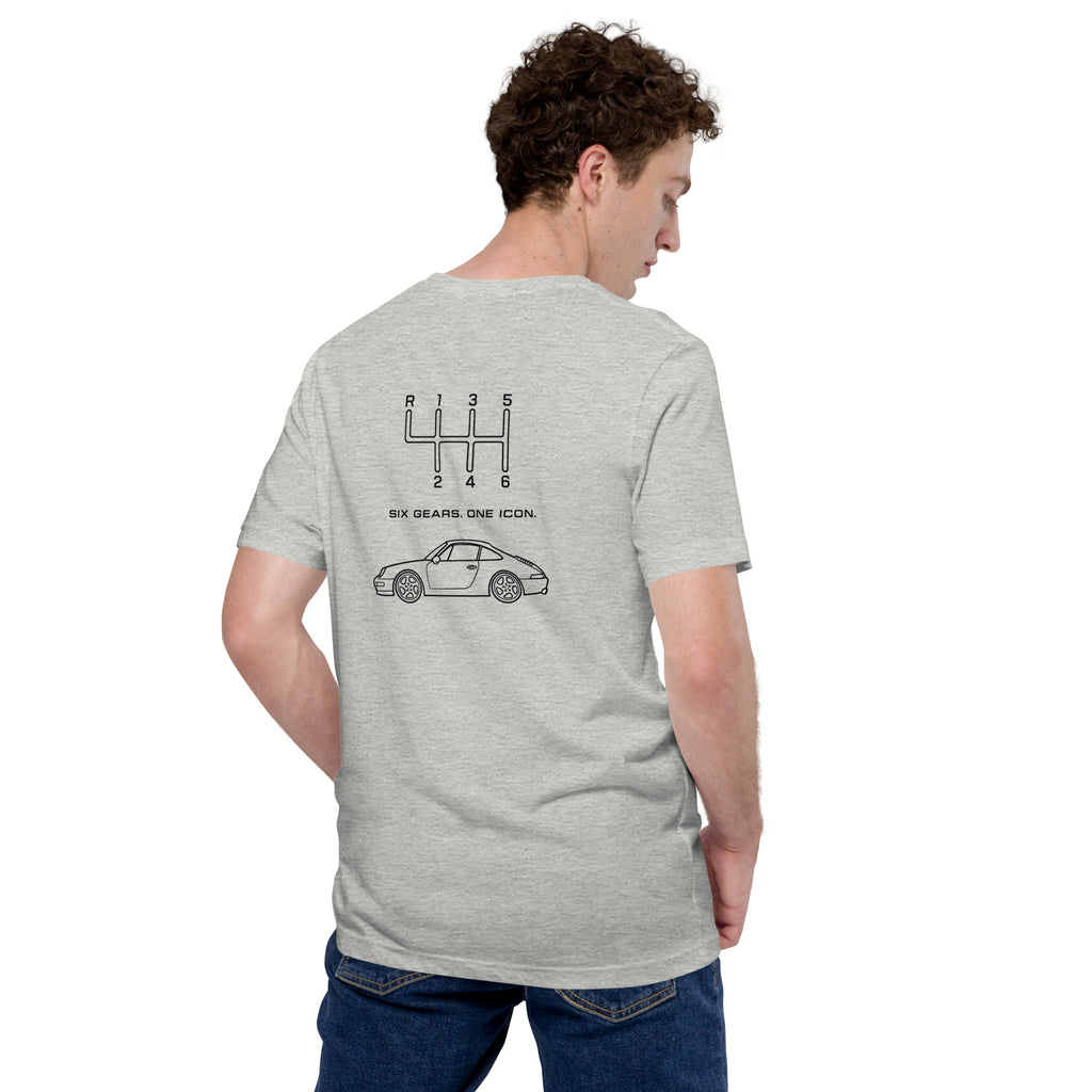 Athletic Heather classic 911 T-shirt with Six Gears One Icon back graphic