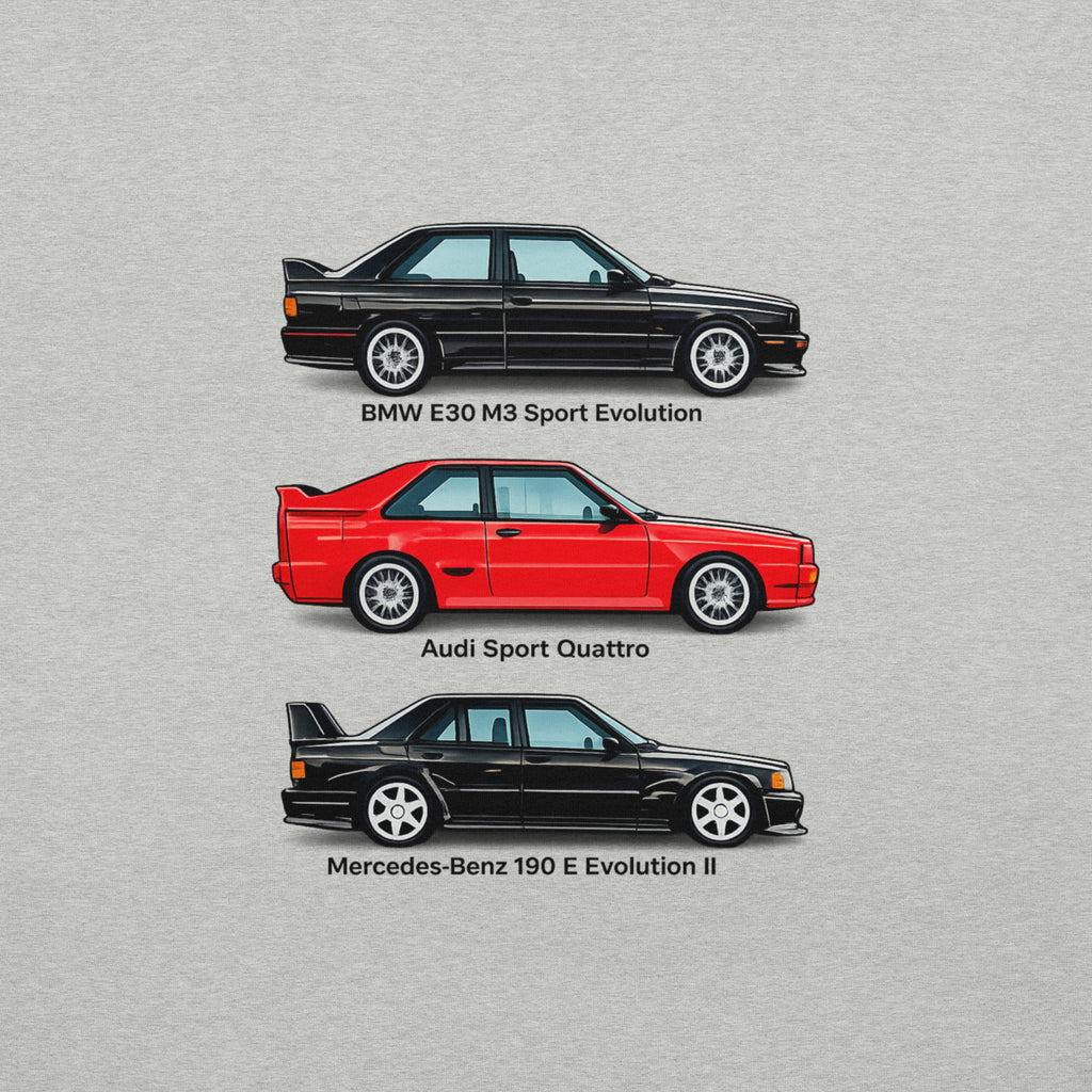 Close-up of German Motorsport Legends graphic featuring E30 M3, Audi Sport Quattro and Mercedes 190 E Evo II