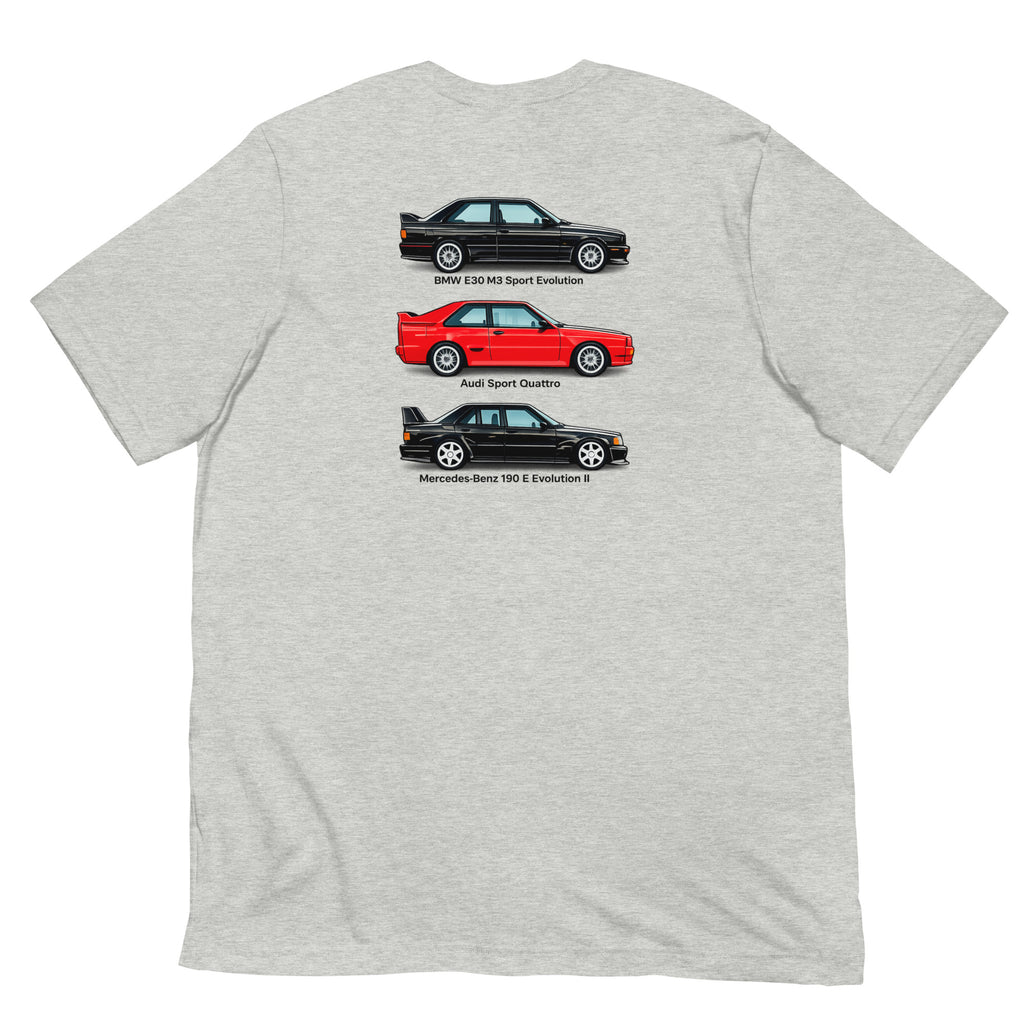 Athletic Heather German Motorsport Legends T-shirt with E30 M3, Sport Quattro and 190 E Evo II back graphic
