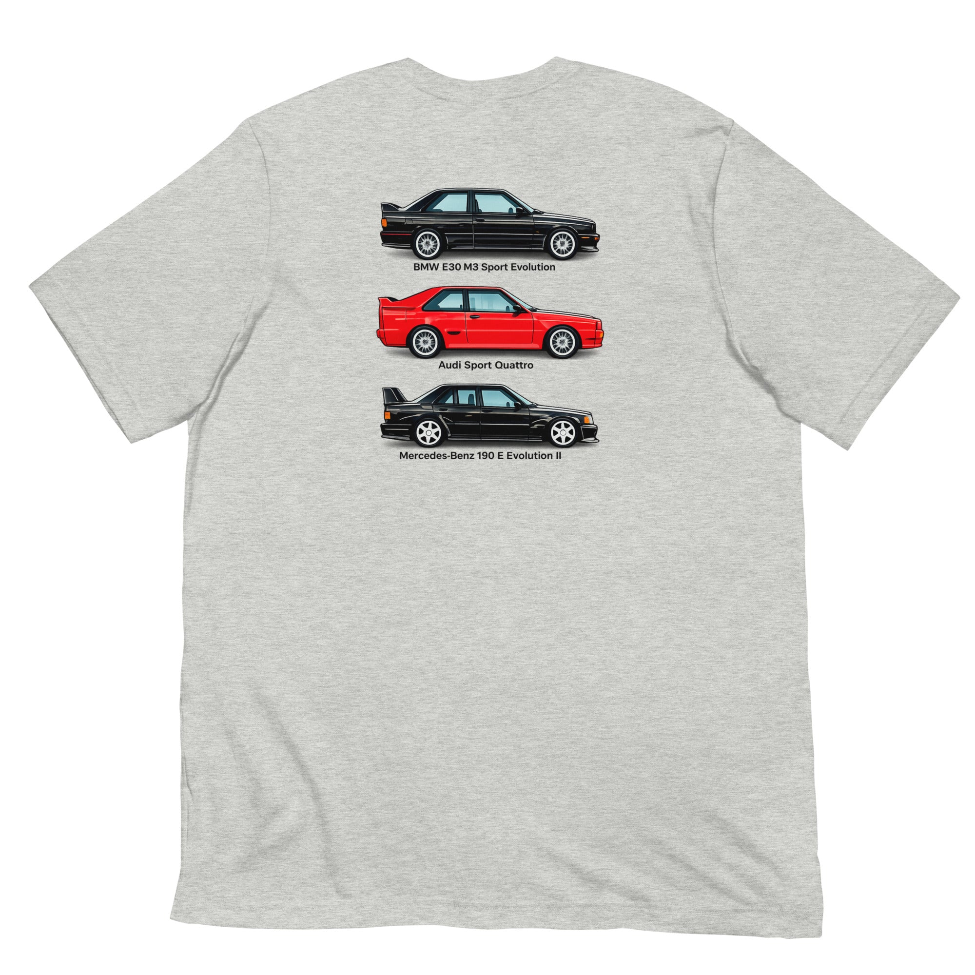 Athletic Heather German Motorsport Legends T-shirt with E30 M3, Sport Quattro and 190 E Evo II back graphic