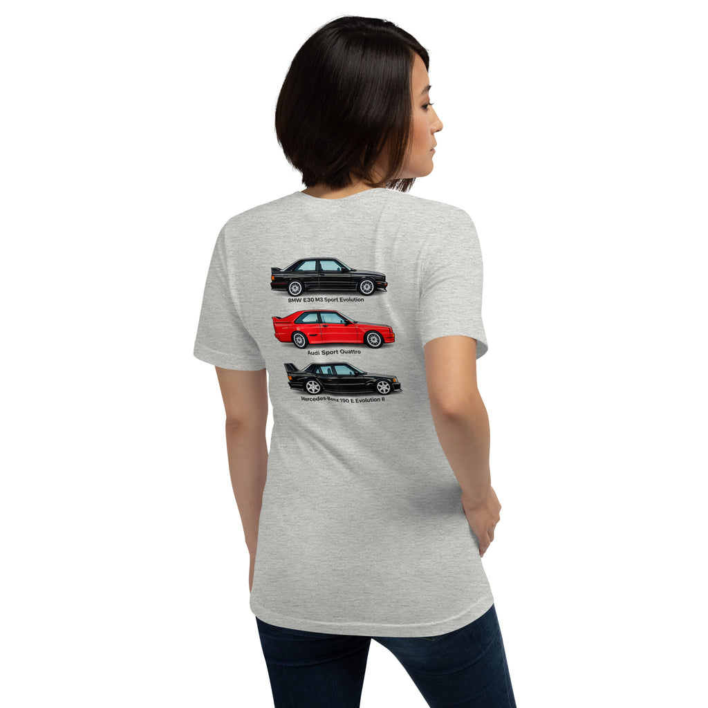 Rear view of female model wearing Athletic Heather German motorsport T-shirt with three-car graphic