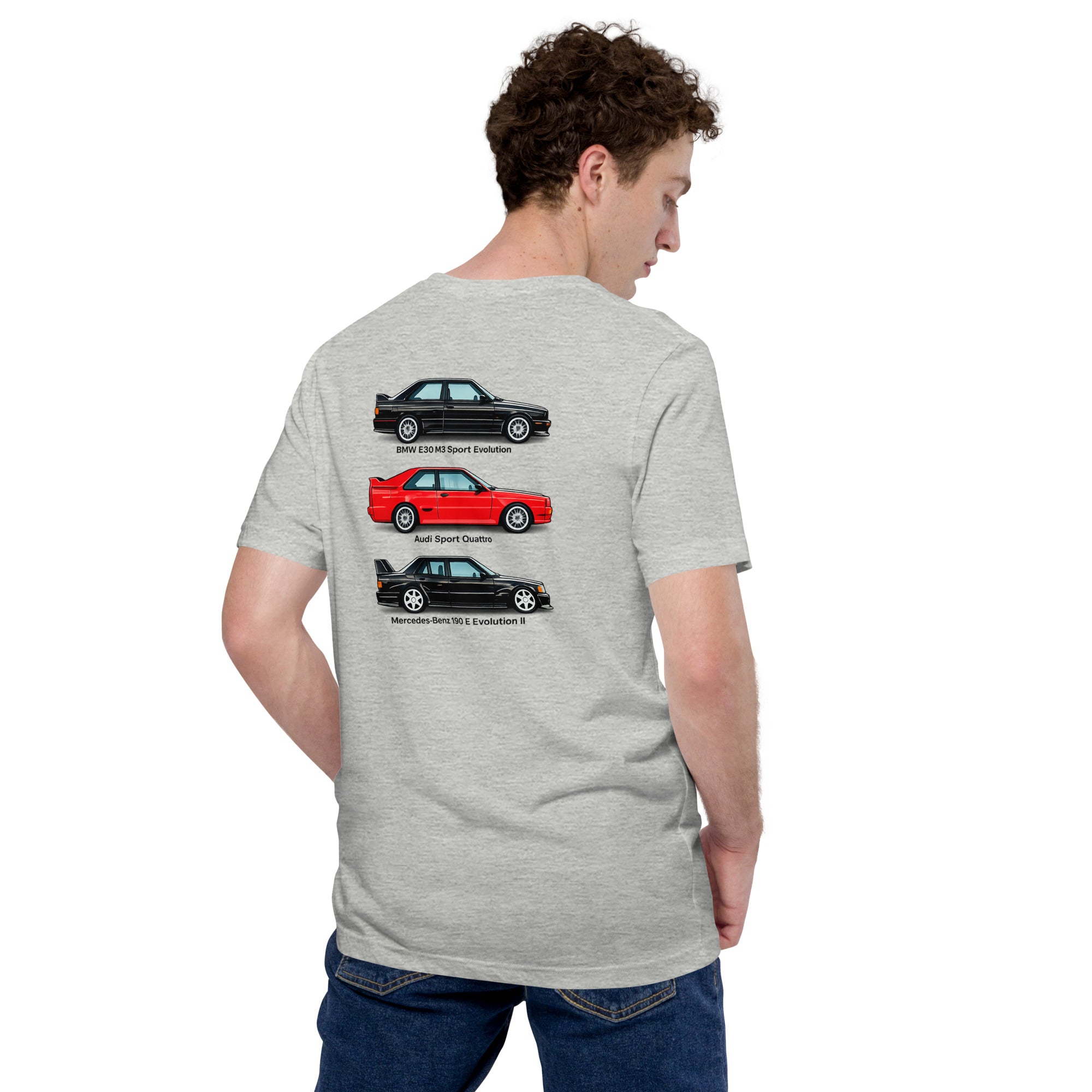 Model wearing Athletic Heather German Motorsport Legends T-shirt showing three-car back print
