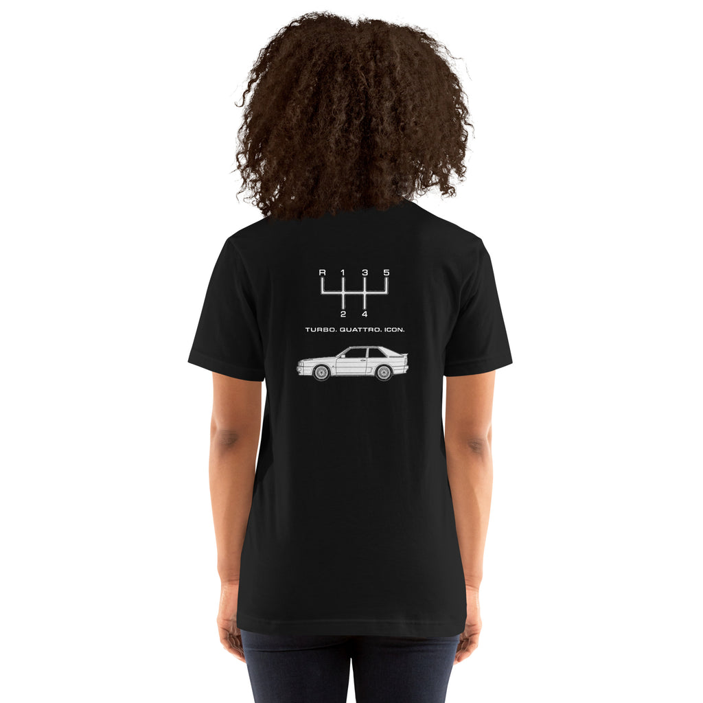 Model wearing black Audi Quattro T-shirt showing Turbo Quattro Icon graphic on back