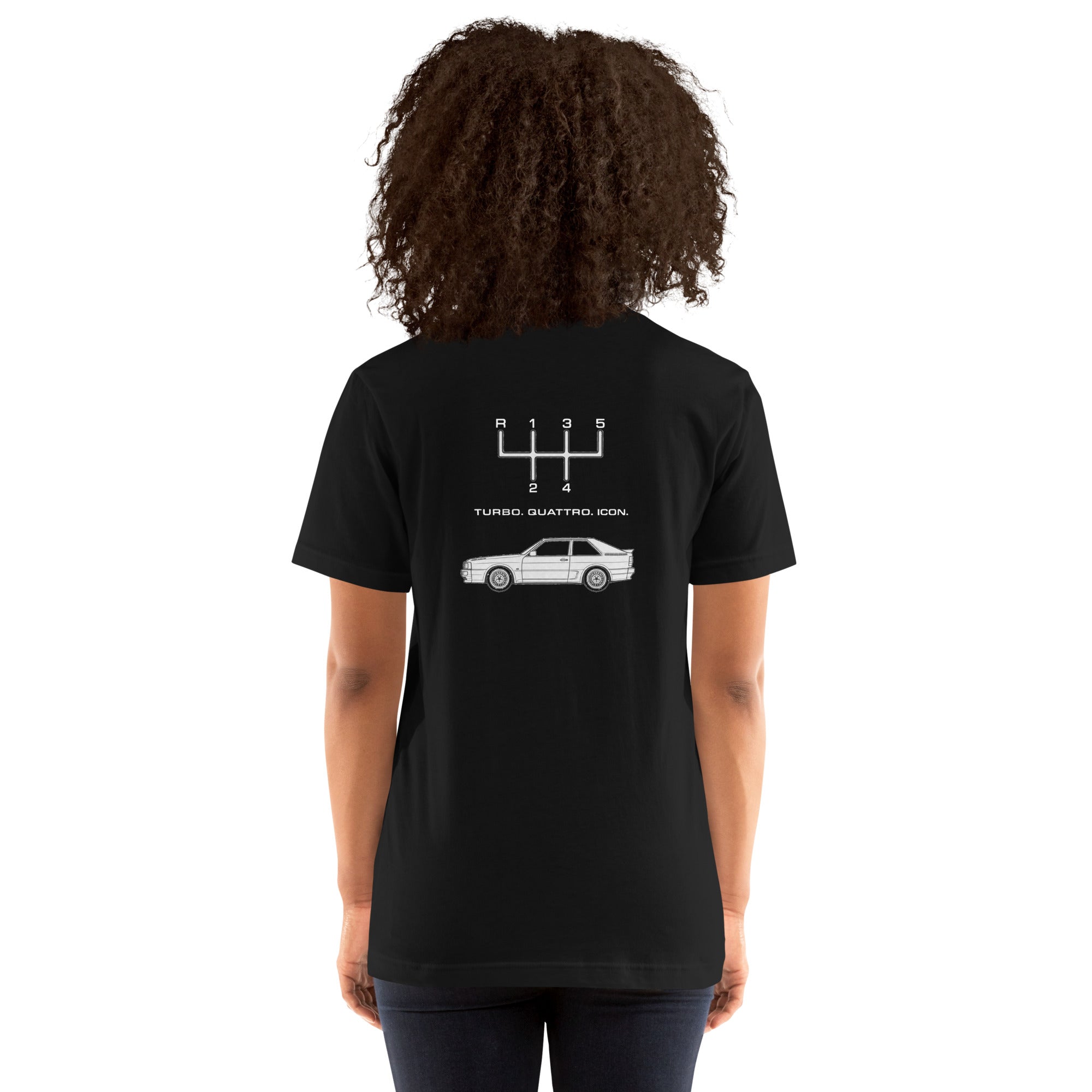 Model wearing black Audi Quattro T-shirt showing Turbo Quattro Icon graphic on back
