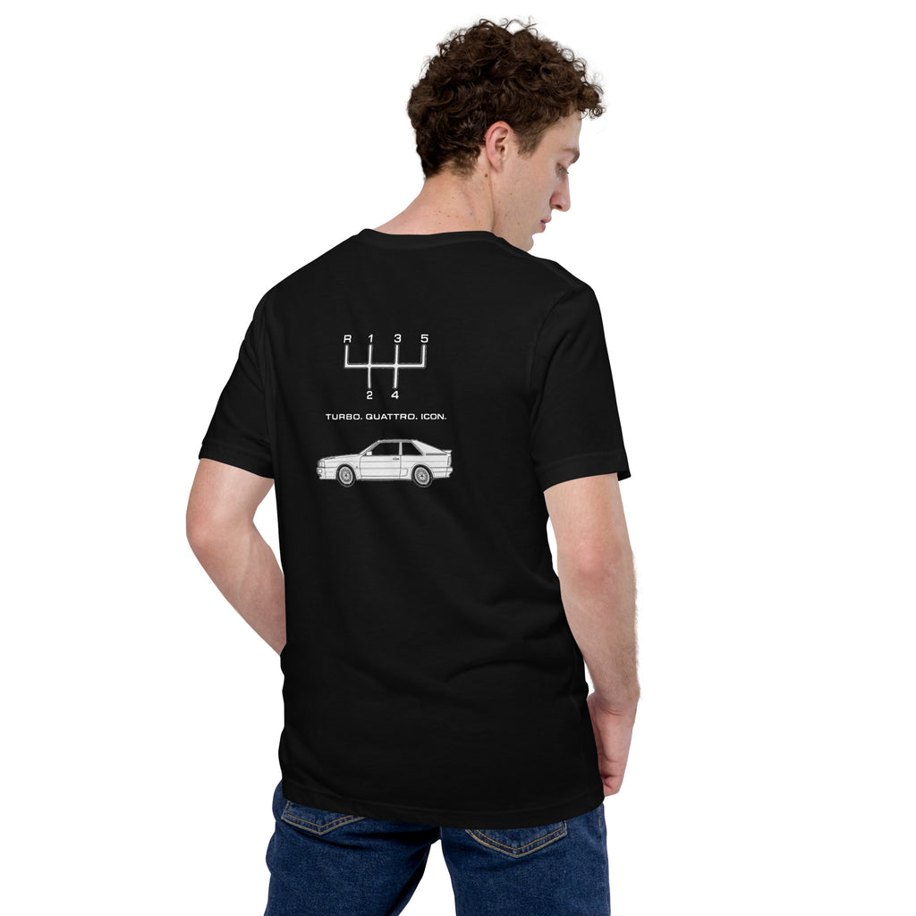 Model wearing black Audi Quattro T-shirt showing Turbo Quattro Icon graphic on back