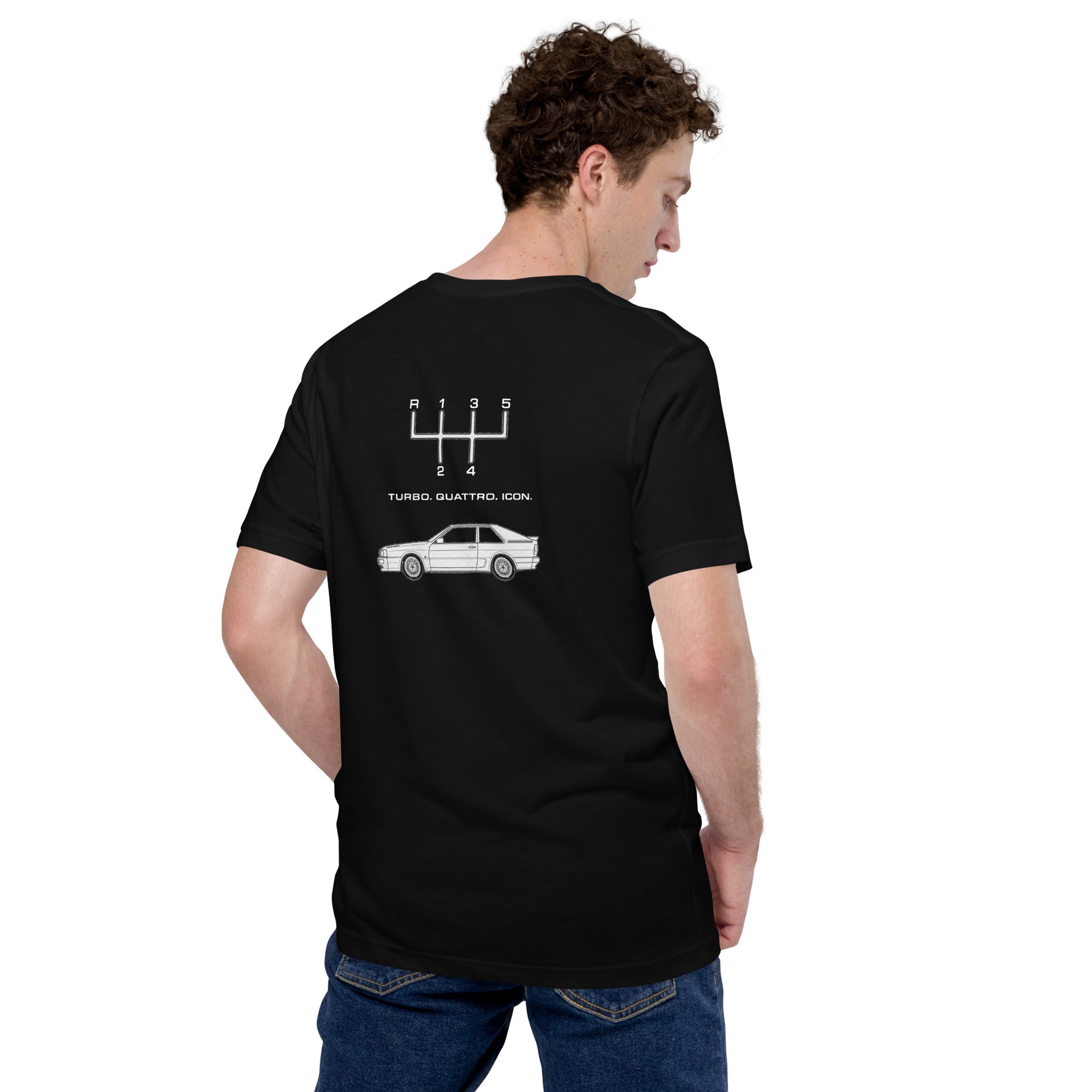 Model wearing black Audi Quattro T-shirt showing Turbo Quattro Icon graphic on back