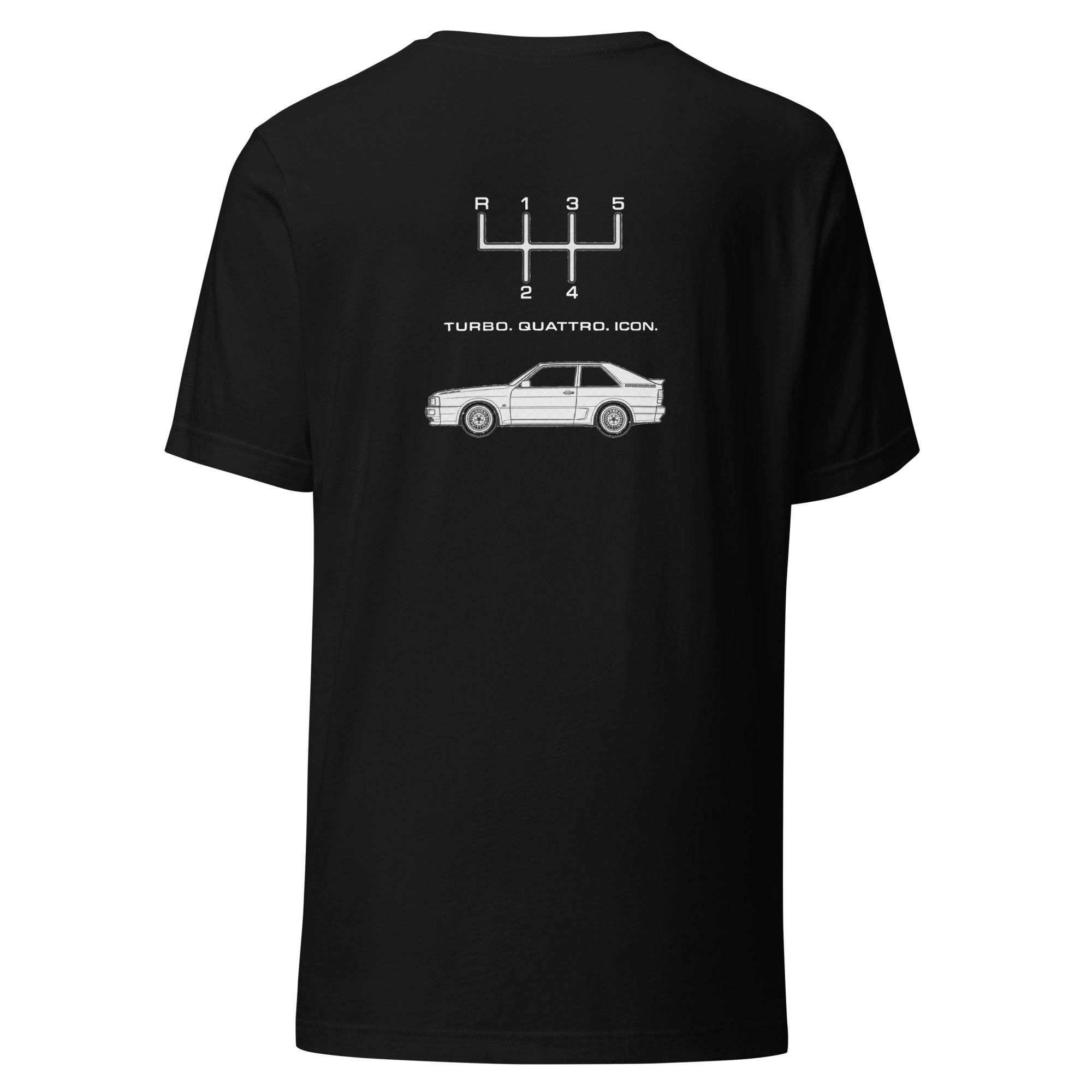 Black Audi Quattro T-shirt with Turbo Quattro Icon back graphic and 5-speed manual shift pattern