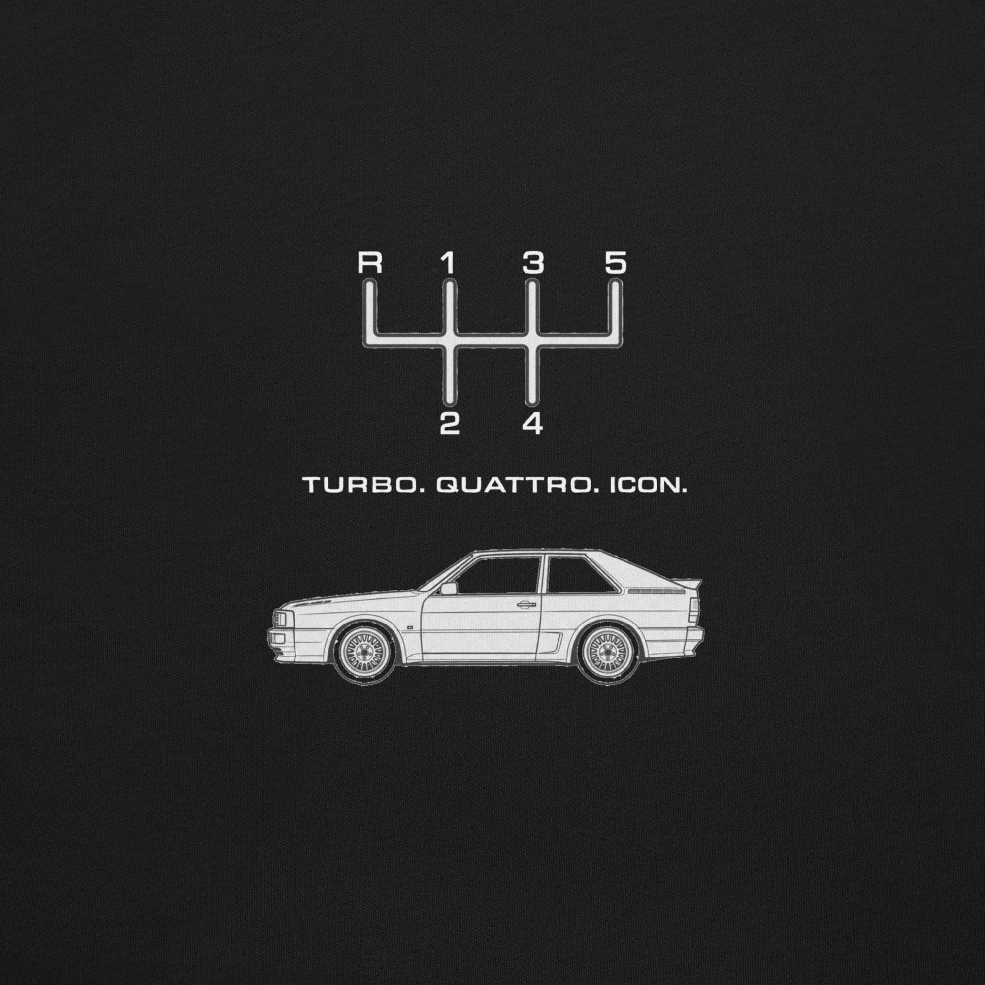 Close-up of Audi Quattro Turbo Quattro Icon back graphic with classic car silhouette and manual shift pattern
