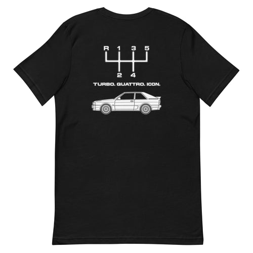Black Audi Quattro Turbo Icon T-shirt showing the five-speed shift pattern, Turbo Quattro Icon text, and classic coupe back graphic